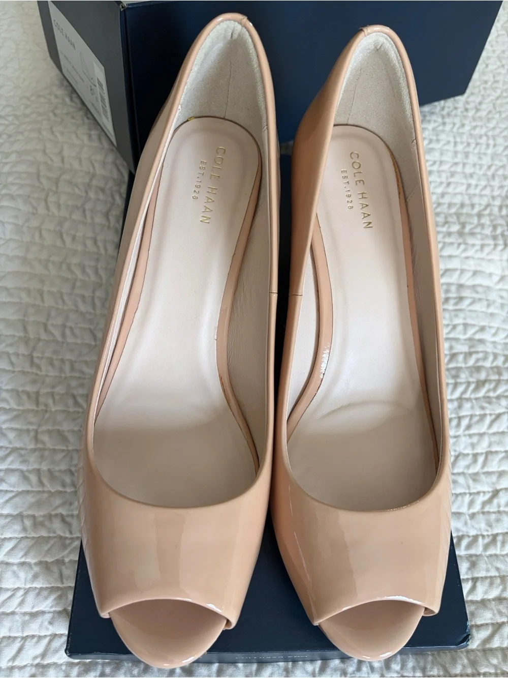 Cole Haan Nude Patent Peep-Toe Wedge Pumps